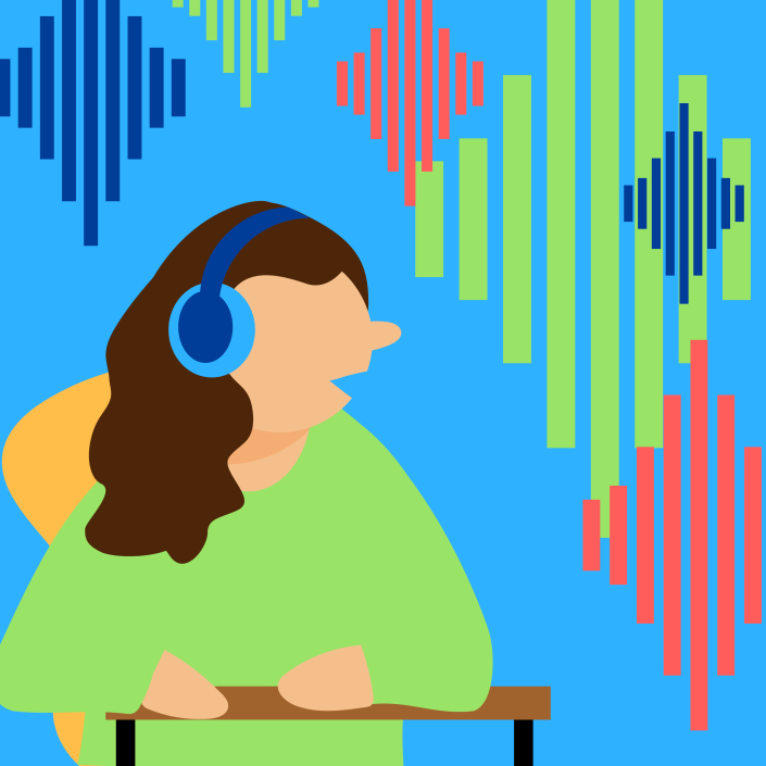 A person wearing earphones surrounded by audio wave symbols in different colours.