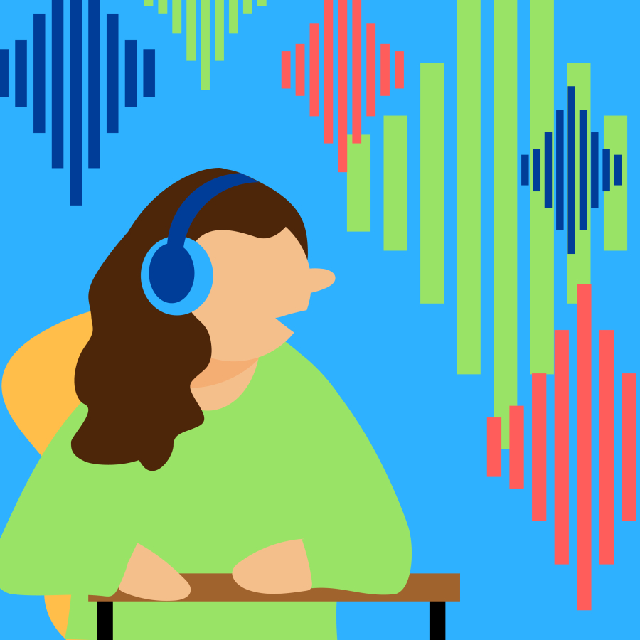 A person wearing earphones surrounded by audio wave symbols in different colours.