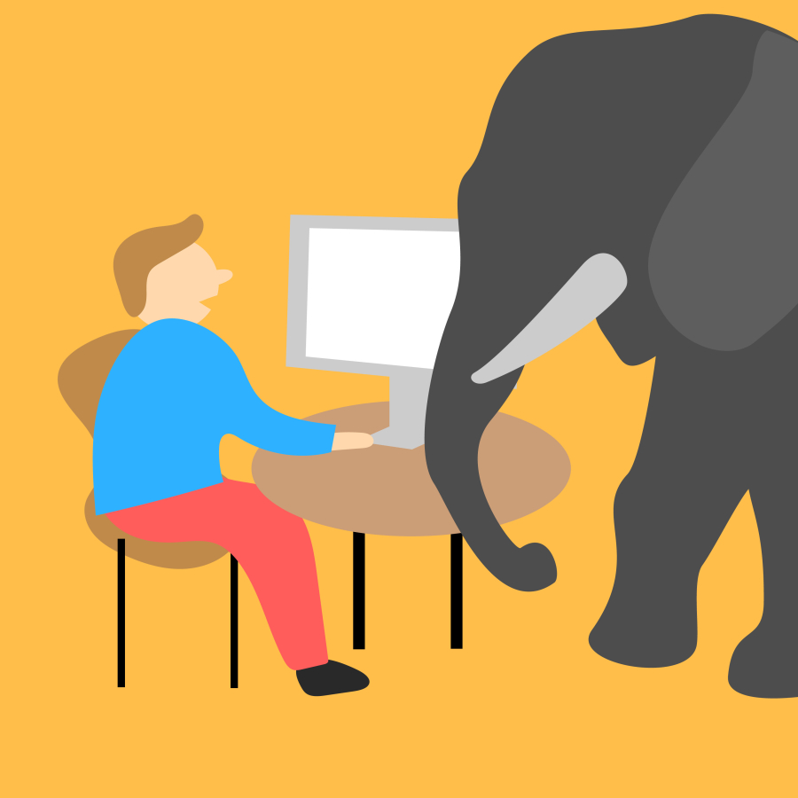 A person sitting at a desk but there is also a big elephant in the room.