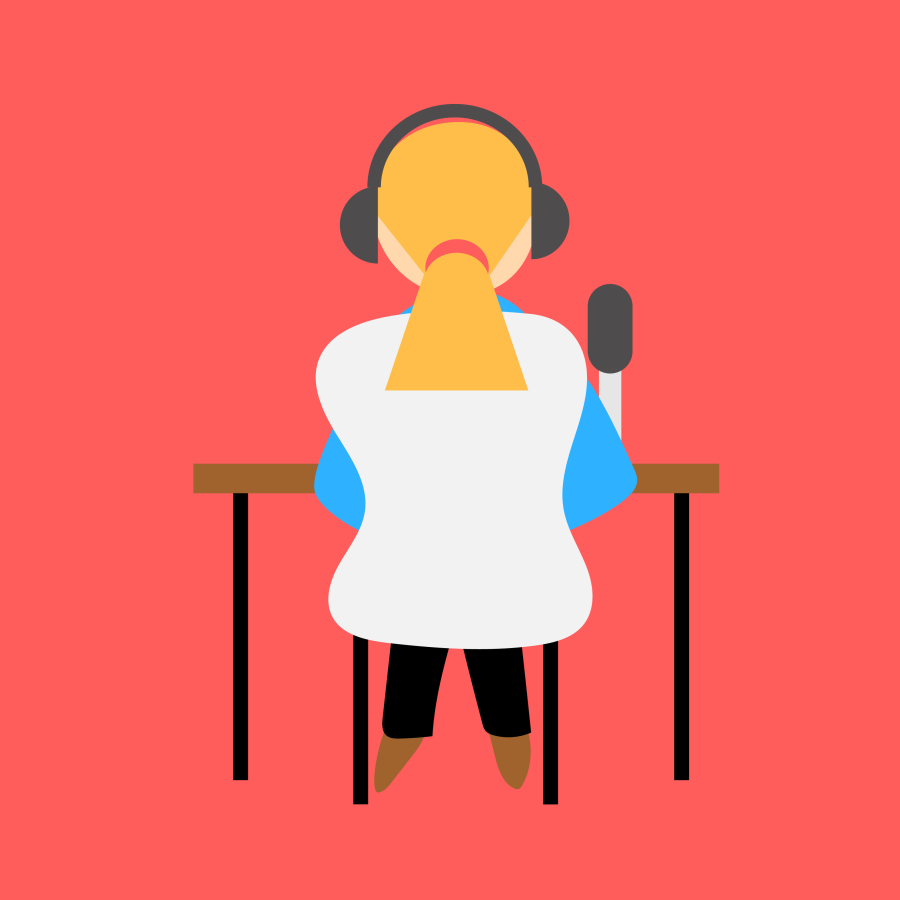 A person with a blonde pony tail sitting at a desk holding a microphone. Doing dictation.