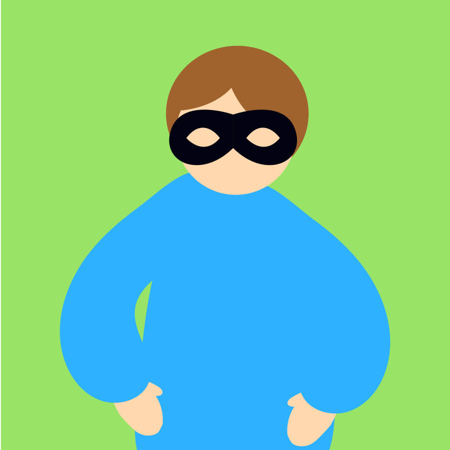 A person with brown hair in a blue jumper wearing a black mask over their eyes. loneliness and Masking