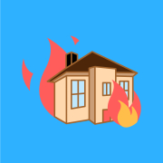A burning house on a blue background